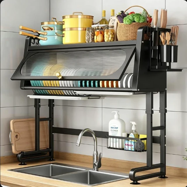 Main image of Over Sink Dish Drying Rack with Dust Cover, Adjustable Large Kitchen Sink Dish Rack, Kitchen Counter Storage Organizer with Knife Holder, Cutting Board Holder, Utensil Caddy