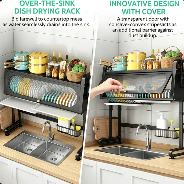 Alt view image 2 of 7 - Over Sink Dish Drying Rack with Dust Cover, Adjustable Large Kitchen Sink Dish Rack, Kitchen Counter Storage Organizer with Knife Holder, Cutting Board Holder, Utensil Caddy