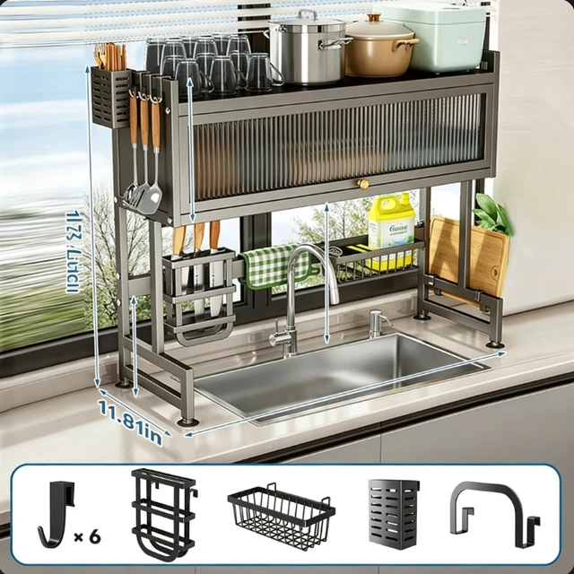 Alt view image 6 of 7 - Over Sink Dish Drying Rack with Dust Cover, Adjustable Large Kitchen Sink Dish Rack, Kitchen Counter Storage Organizer with Knife Holder, Cutting Board Holder, Utensil Caddy