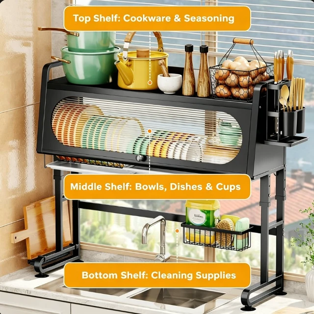 Alt view image 5 of 7 - Over Sink Dish Drying Rack with Dust Cover, Adjustable Large Kitchen Sink Dish Rack, Kitchen Counter Storage Organizer with Knife Holder, Cutting Board Holder, Utensil Caddy