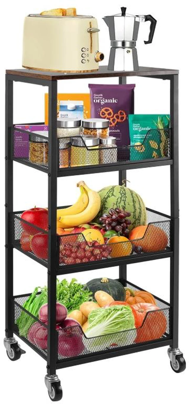 Main image of 4-Tier Rolling Storage Cart with Wood Top, Mobile Metal Mesh Utility Cart with Lockable Wheels, Multi-Purpose Storage Organizer for Kitchen, Bathroom, Bedroom