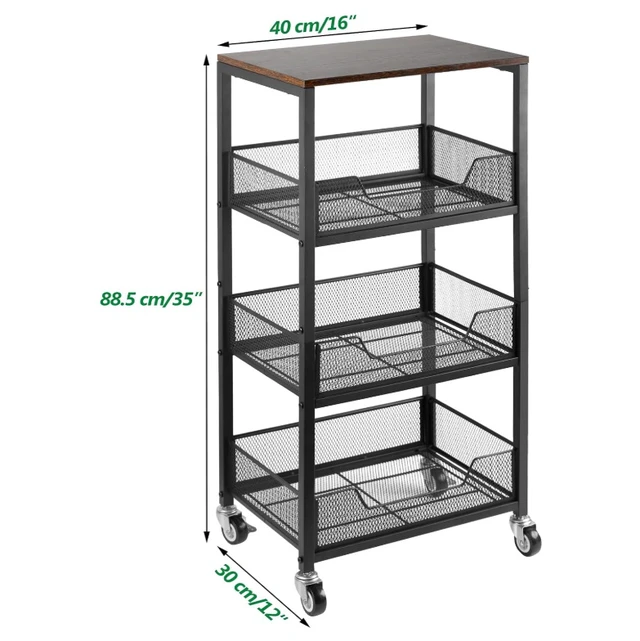 Alt view image 6 of 7 - 4-Tier Rolling Storage Cart with Wood Top, Mobile Metal Mesh Utility Cart with Lockable Wheels, Multi-Purpose Storage Organizer for Kitchen, Bathroom, Bedroom