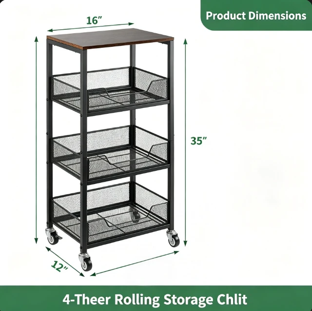 Alt view image 7 of 7 - 4-Tier Rolling Storage Cart with Wood Top, Mobile Metal Mesh Utility Cart with Lockable Wheels, Multi-Purpose Storage Organizer for Kitchen, Bathroom, Bedroom