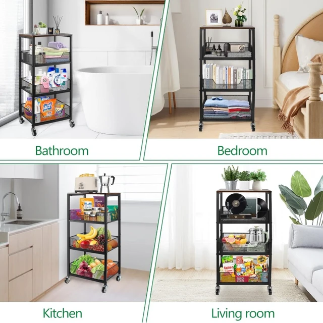 Alt view image 2 of 7 - 4-Tier Rolling Storage Cart with Wood Top, Mobile Metal Mesh Utility Cart with Lockable Wheels, Multi-Purpose Storage Organizer for Kitchen, Bathroom, Bedroom