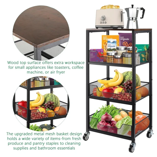 Alt view image 5 of 7 - 4-Tier Rolling Storage Cart with Wood Top, Mobile Metal Mesh Utility Cart with Lockable Wheels, Multi-Purpose Storage Organizer for Kitchen, Bathroom, Bedroom