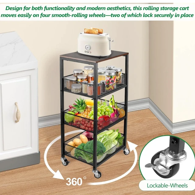 Alt view image 4 of 7 - 4-Tier Rolling Storage Cart with Wood Top, Mobile Metal Mesh Utility Cart with Lockable Wheels, Multi-Purpose Storage Organizer for Kitchen, Bathroom, Bedroom