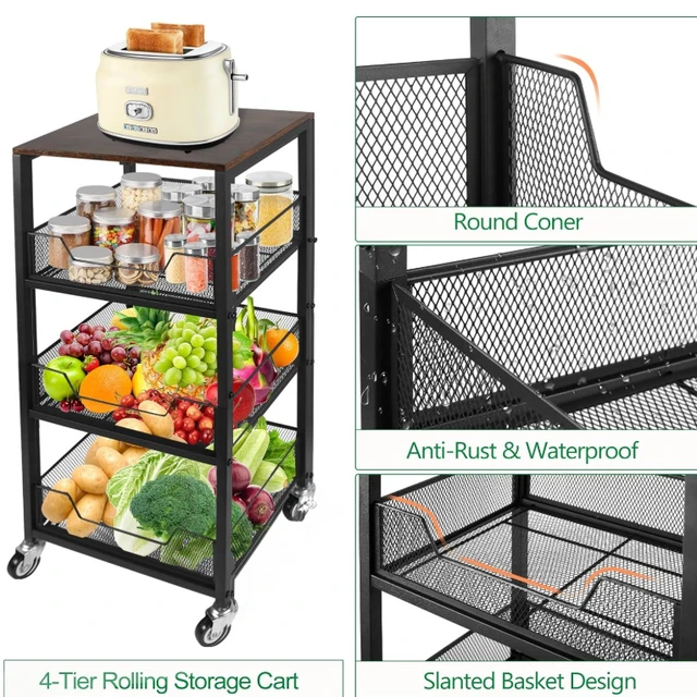Alt view image 3 of 7 - 4-Tier Rolling Storage Cart with Wood Top, Mobile Metal Mesh Utility Cart with Lockable Wheels, Multi-Purpose Storage Organizer for Kitchen, Bathroom, Bedroom