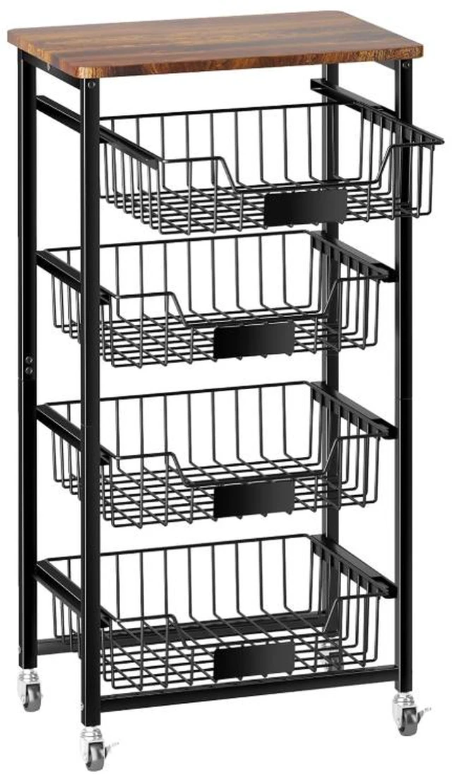 Main image of 4-Tier Rolling Storage Cart with Wood Top, Pull-out Metal Mesh Utility Cart, Lockable Wheels & 4 PE Sheets, Mobile Kitchen Pantry Organizer for Fruit, Snack, Vegetables