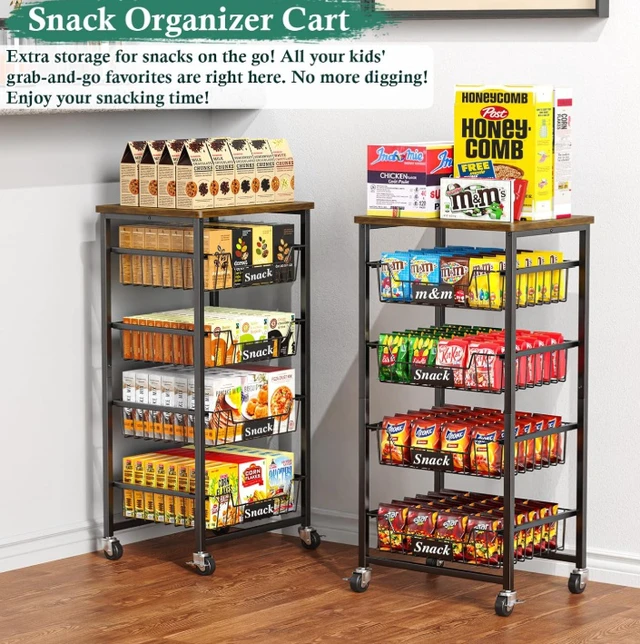 Alt view image 5 of 7 - 4-Tier Rolling Storage Cart with Wood Top, Pull-out Metal Mesh Utility Cart, Lockable Wheels & 4 PE Sheets, Mobile Kitchen Pantry Organizer for Fruit, Snack, Vegetables