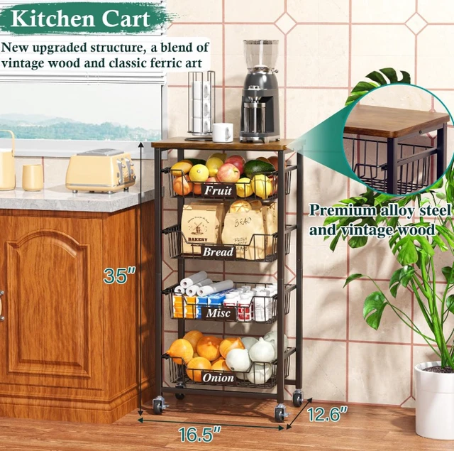 Alt view image 2 of 7 - 4-Tier Rolling Storage Cart with Wood Top, Pull-out Metal Mesh Utility Cart, Lockable Wheels & 4 PE Sheets, Mobile Kitchen Pantry Organizer for Fruit, Snack, Vegetables