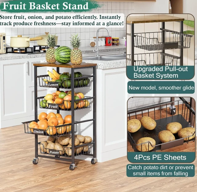 Alt view image 3 of 7 - 4-Tier Rolling Storage Cart with Wood Top, Pull-out Metal Mesh Utility Cart, Lockable Wheels & 4 PE Sheets, Mobile Kitchen Pantry Organizer for Fruit, Snack, Vegetables