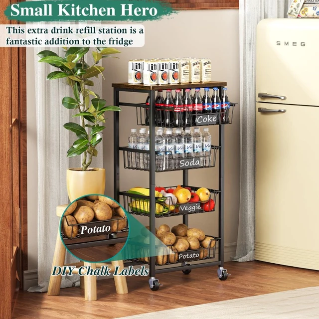 Alt view image 6 of 7 - 4-Tier Rolling Storage Cart with Wood Top, Pull-out Metal Mesh Utility Cart, Lockable Wheels & 4 PE Sheets, Mobile Kitchen Pantry Organizer for Fruit, Snack, Vegetables