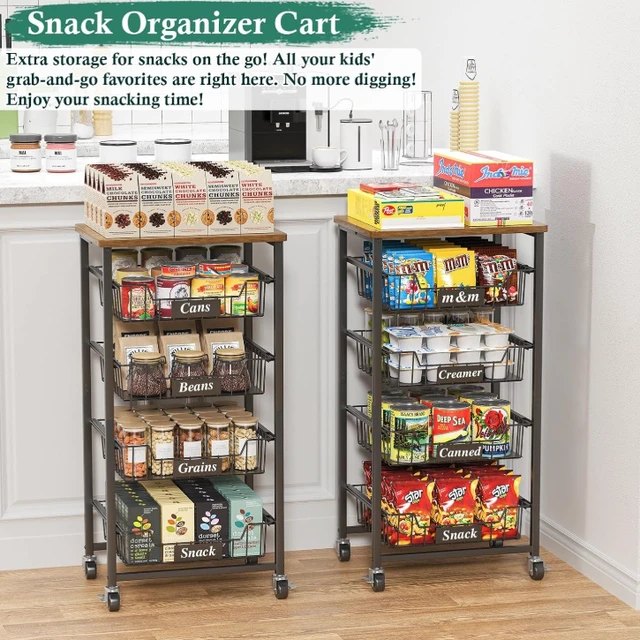 Alt view image 7 of 7 - 4-Tier Rolling Storage Cart with Wood Top, Pull-out Metal Mesh Utility Cart, Lockable Wheels & 4 PE Sheets, Mobile Kitchen Pantry Organizer for Fruit, Snack, Vegetables
