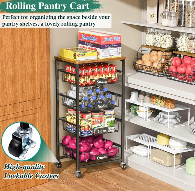Alt view image 4 of 7 - 4-Tier Rolling Storage Cart with Wood Top, Pull-out Metal Mesh Utility Cart, Lockable Wheels & 4 PE Sheets, Mobile Kitchen Pantry Organizer for Fruit, Snack, Vegetables