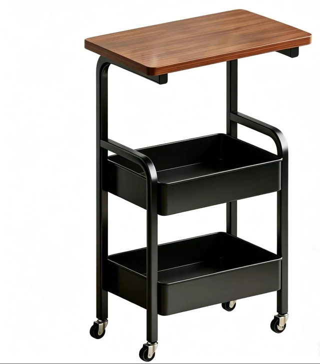 Main image of 2-Tier Rolling Storage Cart with Wood Top, Mobile Metal Utility Cart with Lockable Wheels, Multi-Purpose Side Table Organizer for Kitchen, Living Room, Bedroom