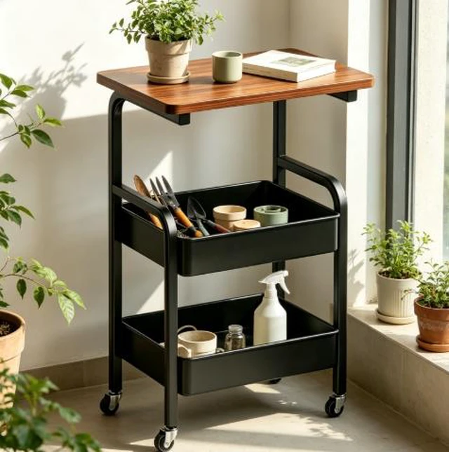 Alt view image 2 of 7 - 2-Tier Rolling Storage Cart with Wood Top, Mobile Metal Utility Cart with Lockable Wheels, Multi-Purpose Side Table Organizer for Kitchen, Living Room, Bedroom