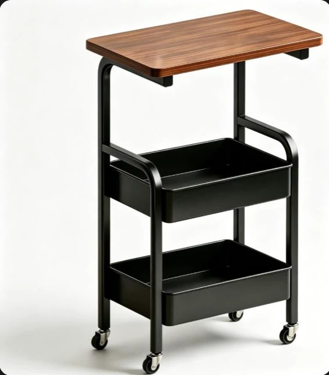 Alt view image 5 of 7 - 2-Tier Rolling Storage Cart with Wood Top, Mobile Metal Utility Cart with Lockable Wheels, Multi-Purpose Side Table Organizer for Kitchen, Living Room, Bedroom