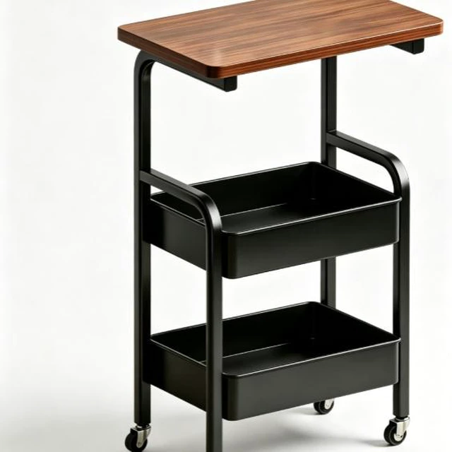 Alt view image 4 of 7 - 2-Tier Rolling Storage Cart with Wood Top, Mobile Metal Utility Cart with Lockable Wheels, Multi-Purpose Side Table Organizer for Kitchen, Living Room, Bedroom