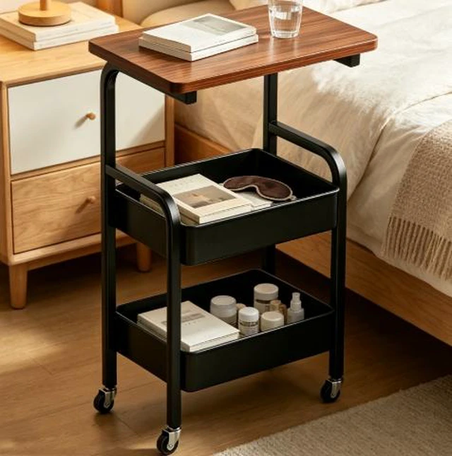 Alt view image 7 of 7 - 2-Tier Rolling Storage Cart with Wood Top, Mobile Metal Utility Cart with Lockable Wheels, Multi-Purpose Side Table Organizer for Kitchen, Living Room, Bedroom