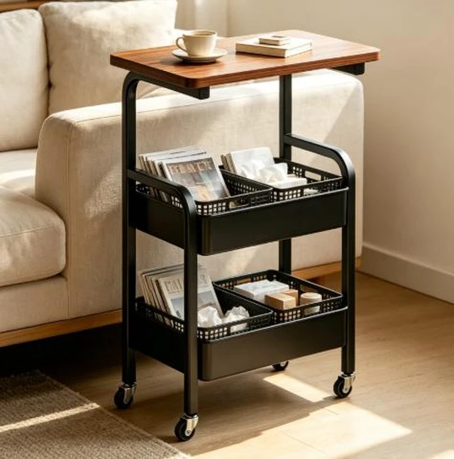 Alt view image 6 of 7 - 2-Tier Rolling Storage Cart with Wood Top, Mobile Metal Utility Cart with Lockable Wheels, Multi-Purpose Side Table Organizer for Kitchen, Living Room, Bedroom