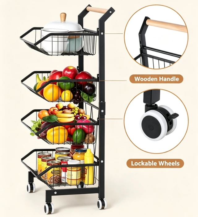 Alt view image 5 of 7 - 4-Tier Rolling Kitchen Storage Cart with Removable Wire Baskets, Mobile Utility Cart with Wooden Handle & Lockable Wheels, Multi-Purpose Organizer for Kitchen Pantry