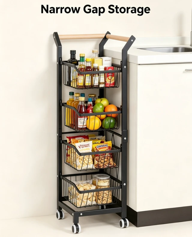 Alt view image 4 of 7 - 4-Tier Rolling Kitchen Storage Cart with Removable Wire Baskets, Mobile Utility Cart with Wooden Handle & Lockable Wheels, Multi-Purpose Organizer for Kitchen Pantry