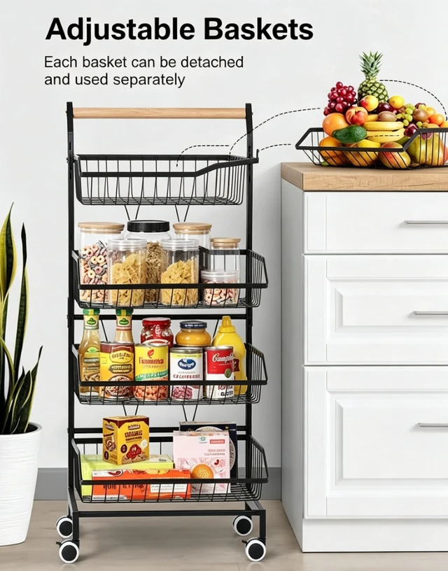 Alt view image 6 of 7 - 4-Tier Rolling Kitchen Storage Cart with Removable Wire Baskets, Mobile Utility Cart with Wooden Handle & Lockable Wheels, Multi-Purpose Organizer for Kitchen Pantry