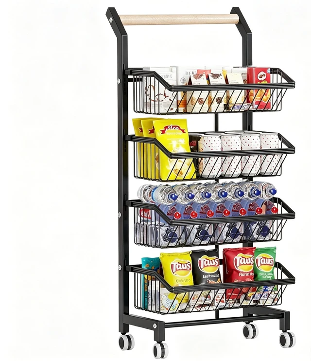 Alt view image 3 of 7 - 4-Tier Rolling Kitchen Storage Cart with Removable Wire Baskets, Mobile Utility Cart with Wooden Handle & Lockable Wheels, Multi-Purpose Organizer for Kitchen Pantry