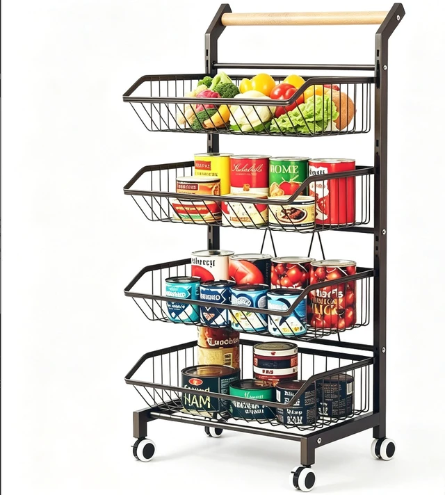 Alt view image 2 of 7 - 4-Tier Rolling Kitchen Storage Cart with Removable Wire Baskets, Mobile Utility Cart with Wooden Handle & Lockable Wheels, Multi-Purpose Organizer for Kitchen Pantry