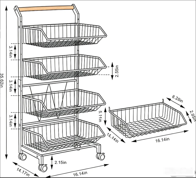 Alt view image 7 of 7 - 4-Tier Rolling Kitchen Storage Cart with Removable Wire Baskets, Mobile Utility Cart with Wooden Handle & Lockable Wheels, Multi-Purpose Organizer for Kitchen Pantry