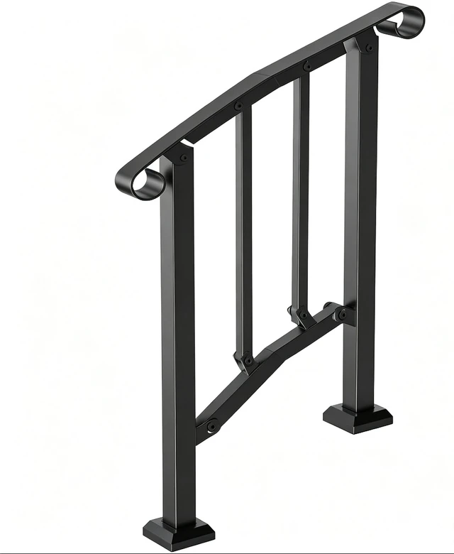 Alt view image 3 of 7 - Stair Handrail, Outdoor Indoor Carbon Steel Stair Railing with Complete Installation Kit, 2-3 Steps Adjustable Porch Hand Rail for Concrete, Wood, Tile & Marble Steps, Black