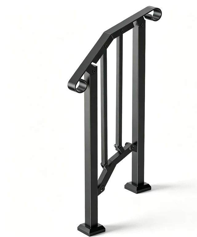 Alt view image 2 of 7 - Stair Handrail, Outdoor Indoor Carbon Steel Stair Railing with Complete Installation Kit, 2-3 Steps Adjustable Porch Hand Rail for Concrete, Wood, Tile & Marble Steps, Black