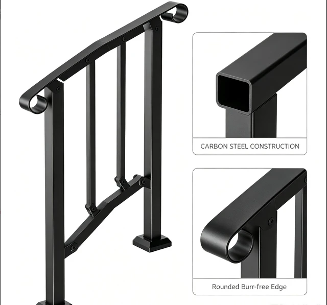 Alt view image 7 of 7 - Stair Handrail, Outdoor Indoor Carbon Steel Stair Railing with Complete Installation Kit, 2-3 Steps Adjustable Porch Hand Rail for Concrete, Wood, Tile & Marble Steps, Black