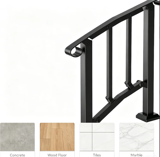 Alt view image 5 of 7 - Stair Handrail, Outdoor Indoor Carbon Steel Stair Railing with Complete Installation Kit, 2-3 Steps Adjustable Porch Hand Rail for Concrete, Wood, Tile & Marble Steps, Black
