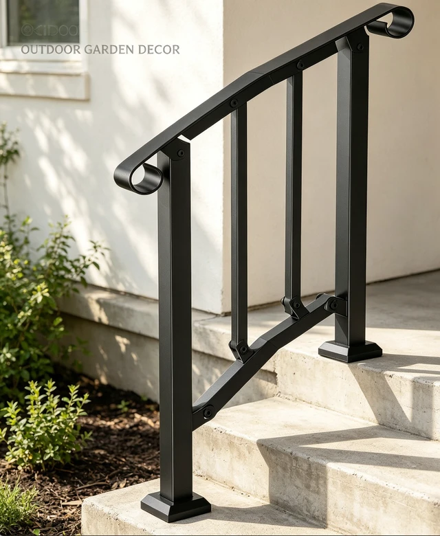 Alt view image 4 of 7 - Stair Handrail, Outdoor Indoor Carbon Steel Stair Railing with Complete Installation Kit, 2-3 Steps Adjustable Porch Hand Rail for Concrete, Wood, Tile & Marble Steps, Black