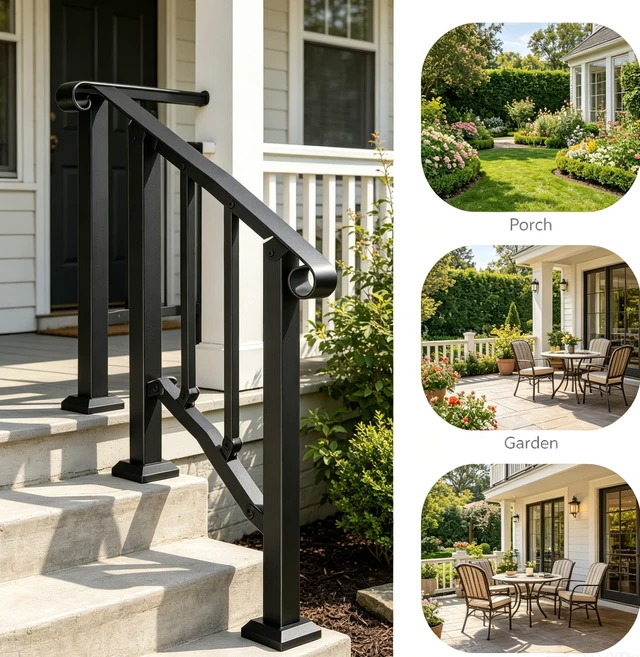 Alt view image 6 of 7 - Stair Handrail, Outdoor Indoor Carbon Steel Stair Railing with Complete Installation Kit, 2-3 Steps Adjustable Porch Hand Rail for Concrete, Wood, Tile & Marble Steps, Black