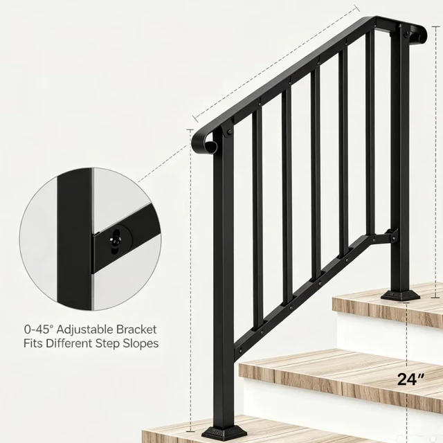 Alt view image 3 of 7 - 2 Steps Stair Handrail, Heavy Duty Carbon Steel Flat Iron Railing, Porch Hand Rail Kit for Concrete & Wood Steps, Black