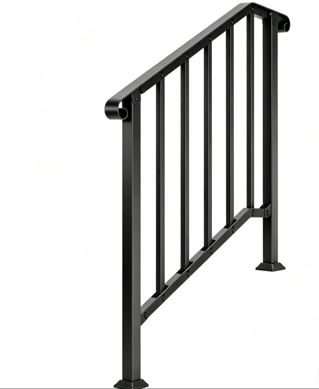 Main image of 2 Steps Stair Handrail, Heavy Duty Carbon Steel Flat Iron Railing, Porch Hand Rail Kit for Concrete & Wood Steps, Black