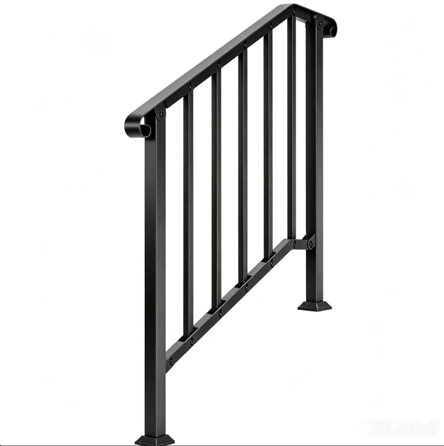 Alt view image 2 of 7 - 2 Steps Stair Handrail, Heavy Duty Carbon Steel Flat Iron Railing, Porch Hand Rail Kit for Concrete & Wood Steps, Black