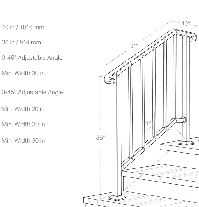 Alt view image 4 of 7 - 2 Steps Stair Handrail, Heavy Duty Carbon Steel Flat Iron Railing, Porch Hand Rail Kit for Concrete & Wood Steps, Black