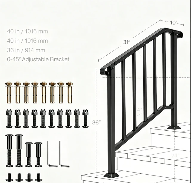 Alt view image 5 of 7 - 2 Steps Stair Handrail, Heavy Duty Carbon Steel Flat Iron Railing, Porch Hand Rail Kit for Concrete & Wood Steps, Black