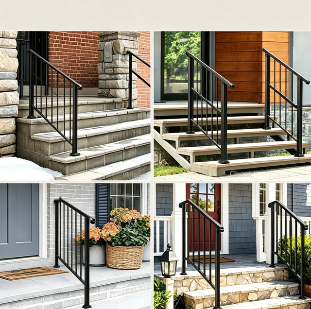 Alt view image 6 of 7 - 2 Steps Stair Handrail, Heavy Duty Carbon Steel Flat Iron Railing, Porch Hand Rail Kit for Concrete & Wood Steps, Black