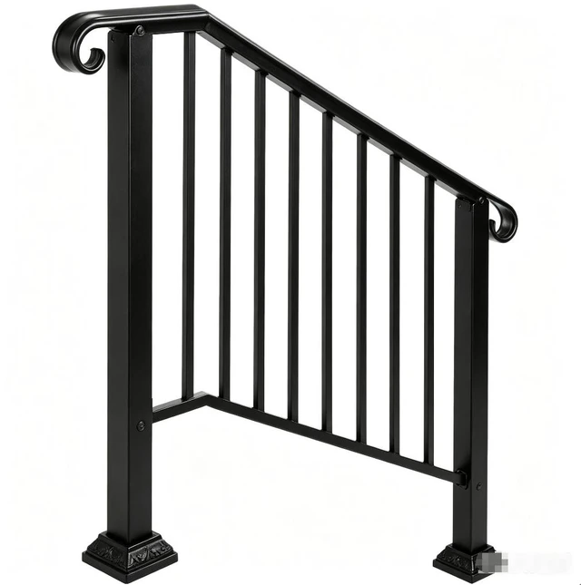 Main image of 3-4 Steps Stair Handrail, Indoor Outdoor Carbon Steel Flat Iron Porch Railing, Complete Hand Rail Kit for Concrete & Wood Steps, Black