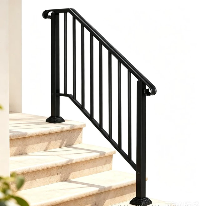 Alt view image 2 of 7 - 3-4 Steps Stair Handrail, Indoor Outdoor Carbon Steel Flat Iron Porch Railing, Complete Hand Rail Kit for Concrete & Wood Steps, Black