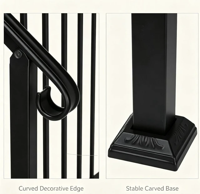 Alt view image 7 of 7 - 3-4 Steps Stair Handrail, Indoor Outdoor Carbon Steel Flat Iron Porch Railing, Complete Hand Rail Kit for Concrete & Wood Steps, Black