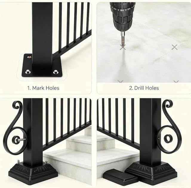 Alt view image 5 of 7 - 3-4 Steps Stair Handrail, Indoor Outdoor Carbon Steel Flat Iron Porch Railing, Complete Hand Rail Kit for Concrete & Wood Steps, Black