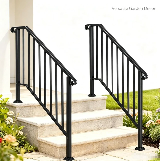 Alt view image 6 of 7 - 3-4 Steps Stair Handrail, Indoor Outdoor Carbon Steel Flat Iron Porch Railing, Complete Hand Rail Kit for Concrete & Wood Steps, Black