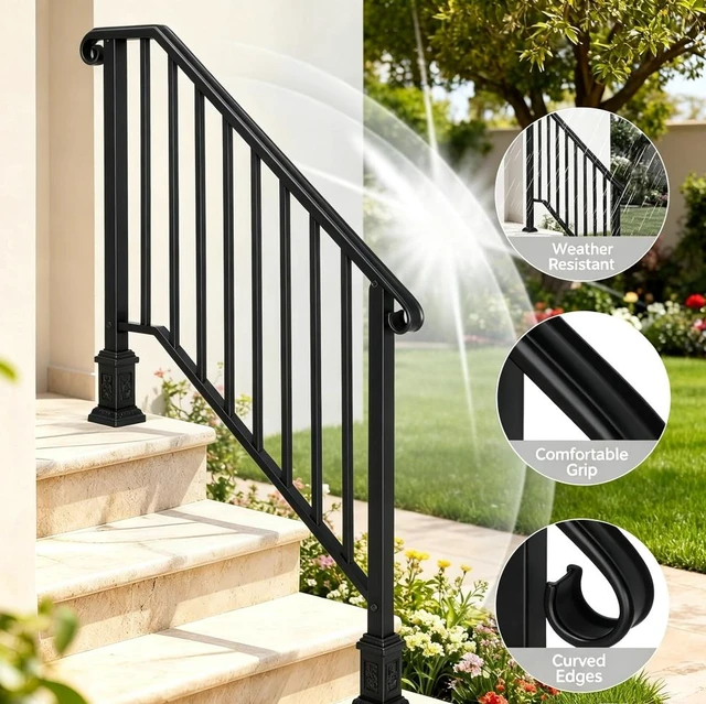 Alt view image 3 of 7 - 3-4 Steps Stair Handrail, Indoor Outdoor Carbon Steel Flat Iron Porch Railing, Complete Hand Rail Kit for Concrete & Wood Steps, Black