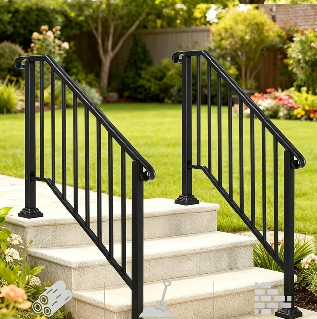 Alt view image 4 of 7 - 3-4 Steps Stair Handrail, Indoor Outdoor Carbon Steel Flat Iron Porch Railing, Complete Hand Rail Kit for Concrete & Wood Steps, Black