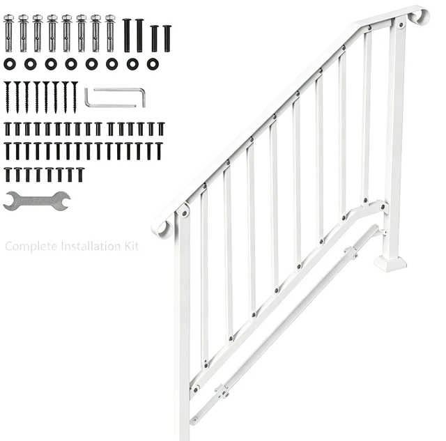 Alt view image 6 of 7 - 3-4 Steps Stair Handrail, Indoor Outdoor White Carbon Steel Porch Railing, Complete Hand Rail Kit for Concrete & Wood Steps